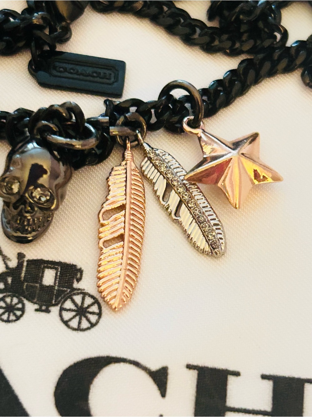 EXTREMELY RARE Coach Black Chain Necklace with Skull, Feather, Star Charms - Picture 9 of 16